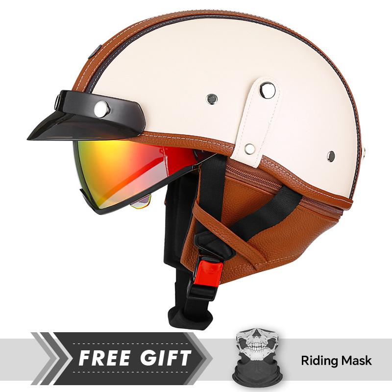 DOT Approved Retro Half Face Motorcycle Helmets Leather Vintage 1/2 Half Helmets Built In Lens Low Profile Open Face Helmets