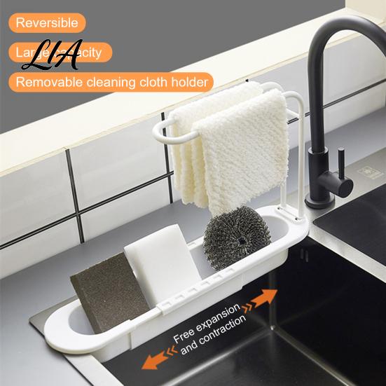 Expandable Sink Storage Rack Retractable Kitchen Organizer with Towel Hanger, Adjustable Plastic Durable Drainer Sponge Holder, Large