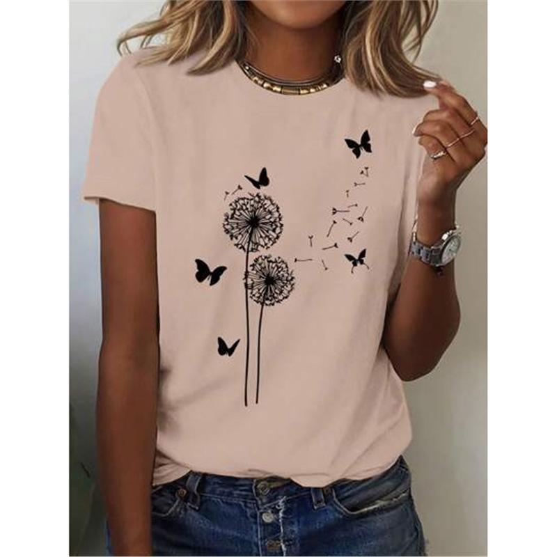 Tricou de vară pentru femei, respirabil, cu mânecă scurtă, cu imprimeu 3D cu flori de păpădie