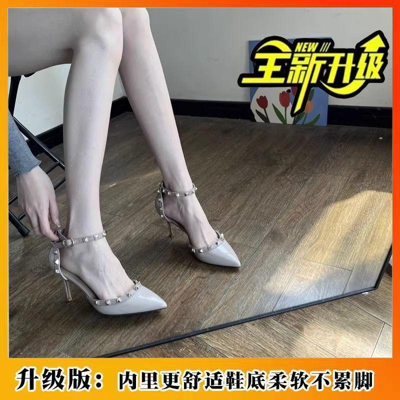 Nude sexy rivet high heels women s 2 summer new pointed one-word buckle strap stiletto fashion versatile sandals 34