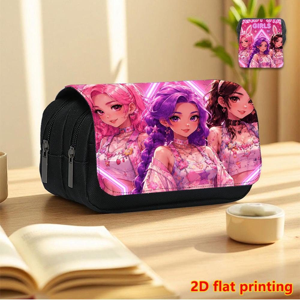 Candy Star Girl Purple and Black Clown Mecha 2D Printed Double-Layer Flip-Top Black Pencil Case - Back-to-School Essential Pencil Box, Daily Multi-Fun