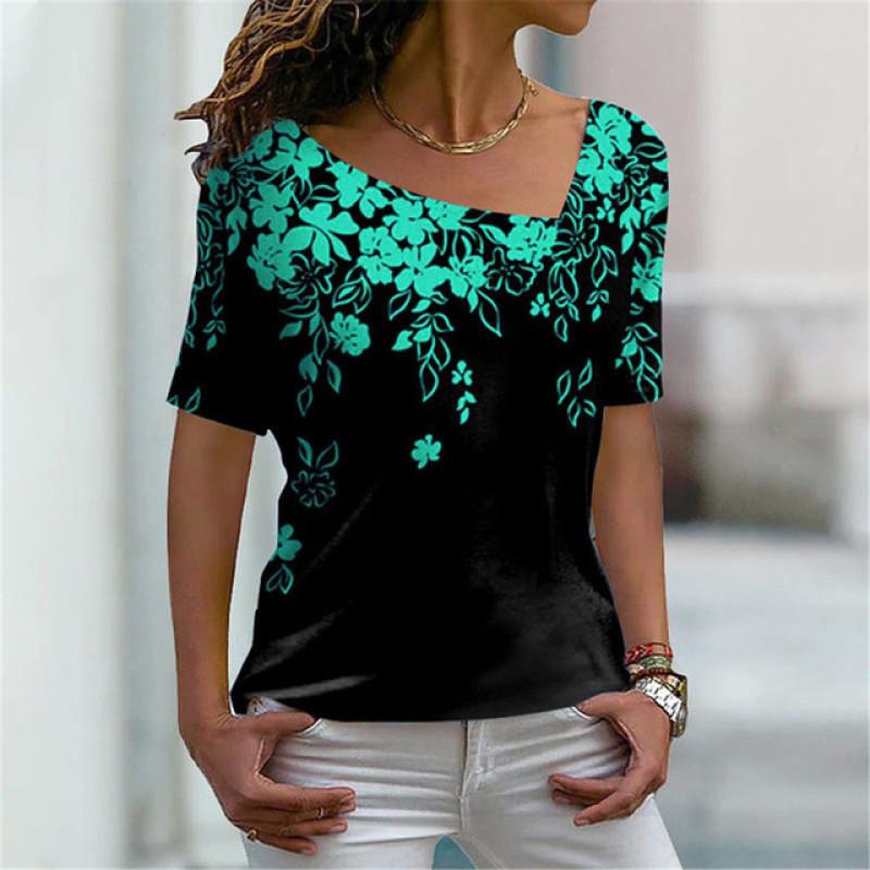 Šikmý límec Květinový Digitální 3D Tisk Harajuku Dámské Tričko Krátký Rukáv Letní Neformální Personalizované Dámské Vrchní Oblečení