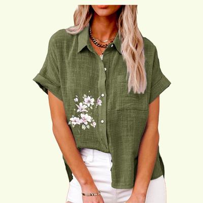 Modisches Hemd mit Reverskragen für Damen Sommer&Herbst Oberteil mit Blumendruck und Tasche Lockeres Kurzarm-T-Shirt Damen Casual Leinenblusen