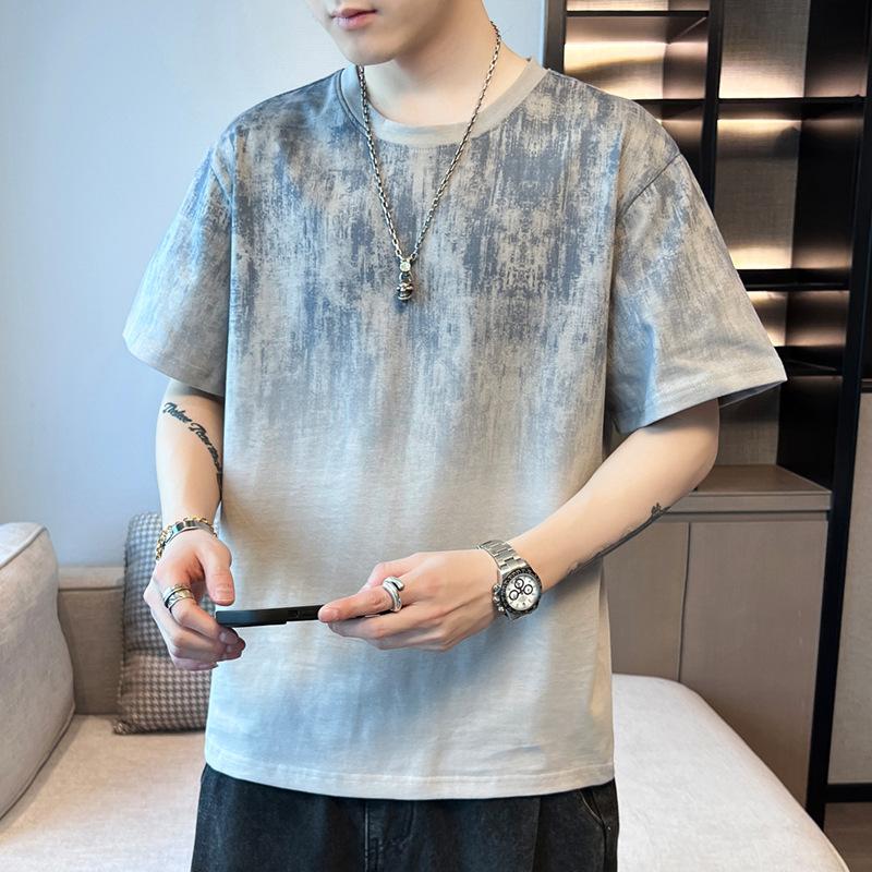 Men's Loose Fitting Short Sleeved T-shirt Top with Round Neck Flower Half Sleeved T-shirt