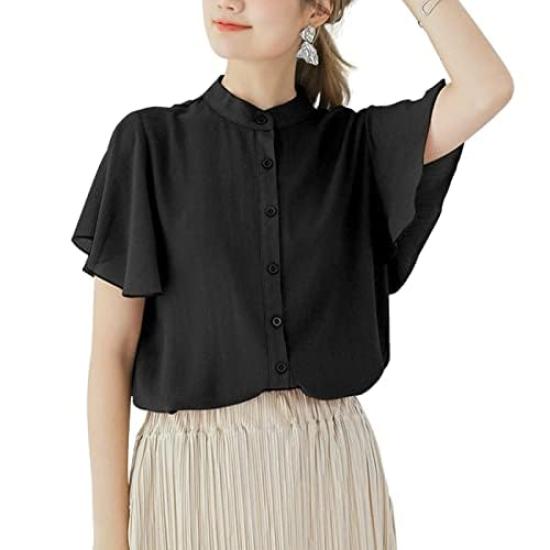 Flared Short Skipper Front Arm Body Autumn [KumiModa] Women's Blouse, Shirt, Chiffon, Sleeve, Sleeve, Collar, Collared, Buttoned, Opening, Covering,