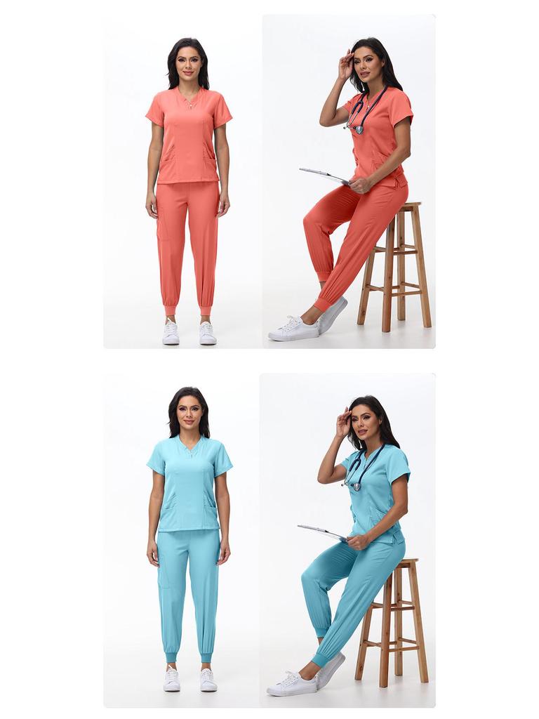 Women's Quick-Dry Short Sleeve Stretch Scrub Suit for Nurses and Beauty Salon