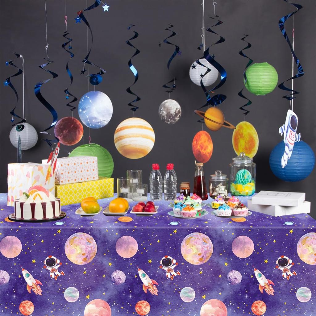 4 Pack Galaxy Tablecloth - Astronaut Rocket Table Cover - Space Planet Decorations - 86 X 51 Inch