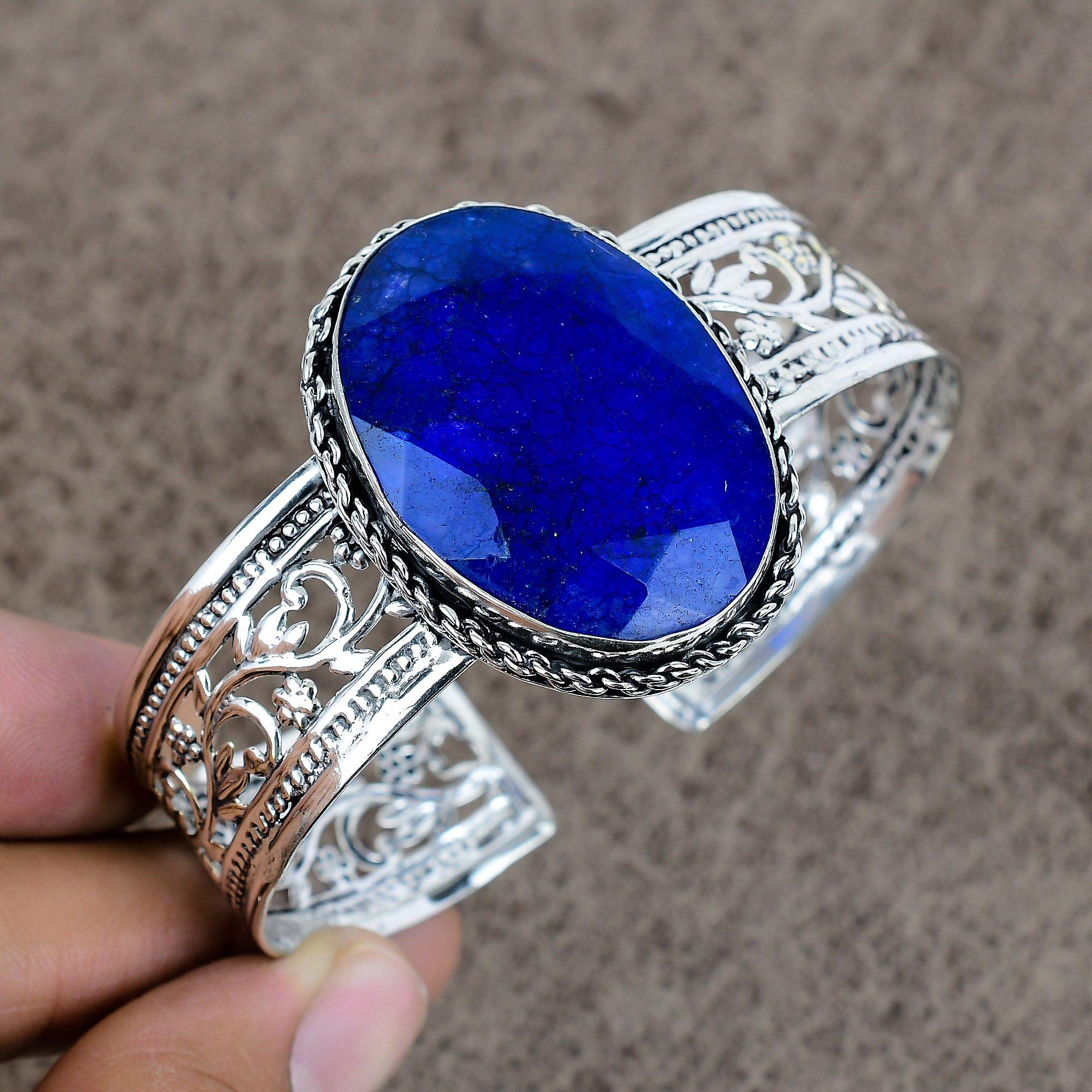 

Burmise Sapphire Gemstone 925 Sterling Silver Cuff Bangle Adjustable KKG-220