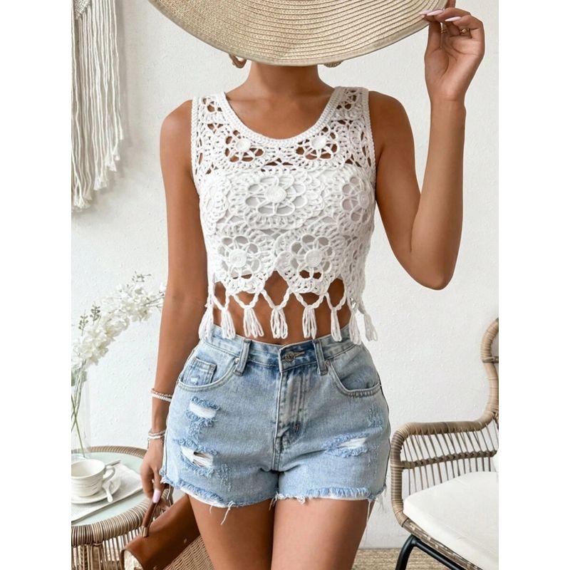 Bohemia Tassel Cut Out Knitting Vest Women's Summer New Arrival Outerwear Cover-up Sleeveless Vest Short Tops Fashion