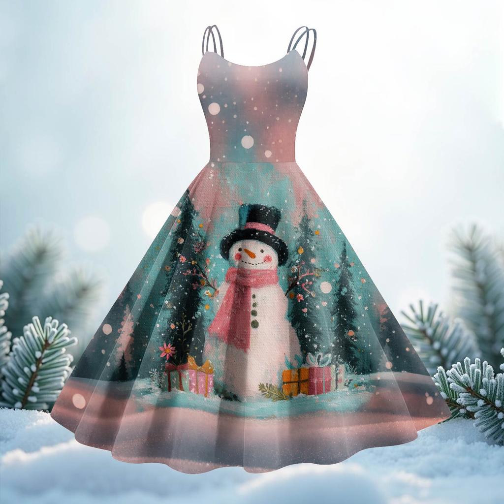 Women's Christmas Print Casual Fashion Round Neck Mid-Length Dress