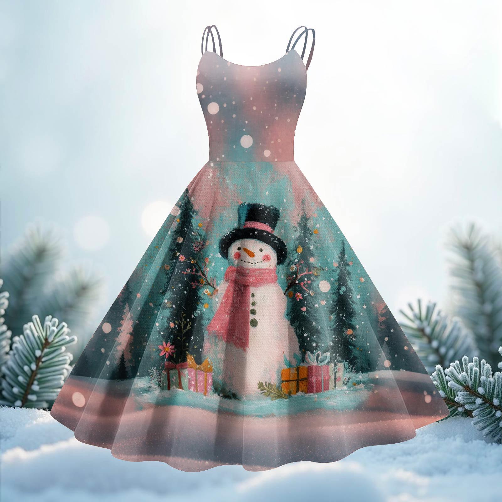 

Женское повседневное платье миди с рождественским принтом и круглым вырезом S зелёный