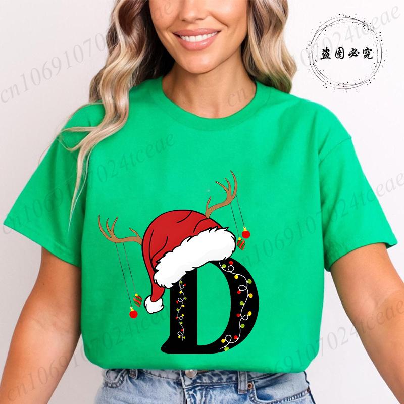 Fashion Merry Christmas Gift for Female Clothing Christmas 26 Alphabet Print TShirt for Women Casual Xmas Tees Short Sleeve Top