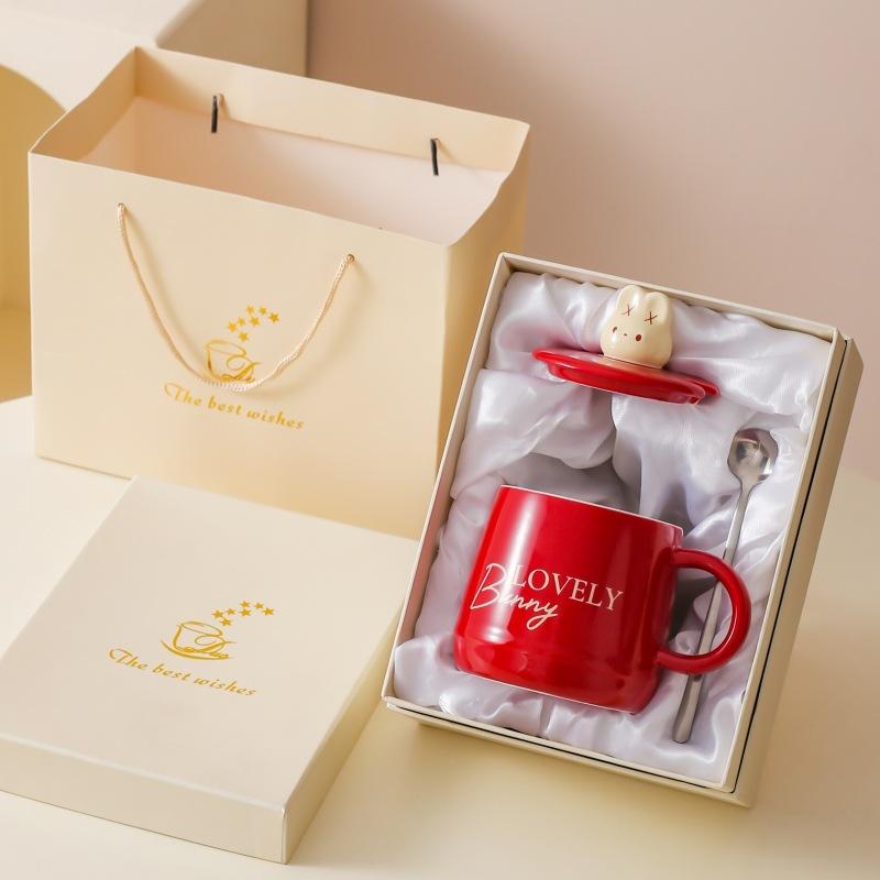 Cartoon cute rabbit ceramic mug household milk cup breakfast cup with lid gift water cup couple coffee cup
