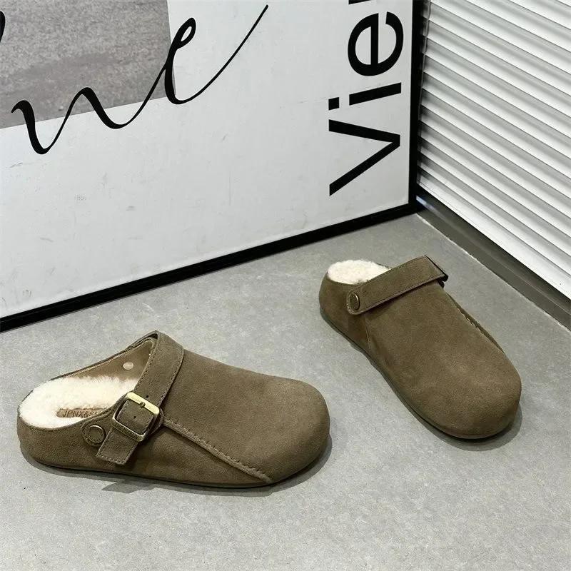 New Womens Home Slippers Comfortable Thick-soled Spring and Autumn Classic Suede Design Baotou Slippers Plush Mujer Zapatos