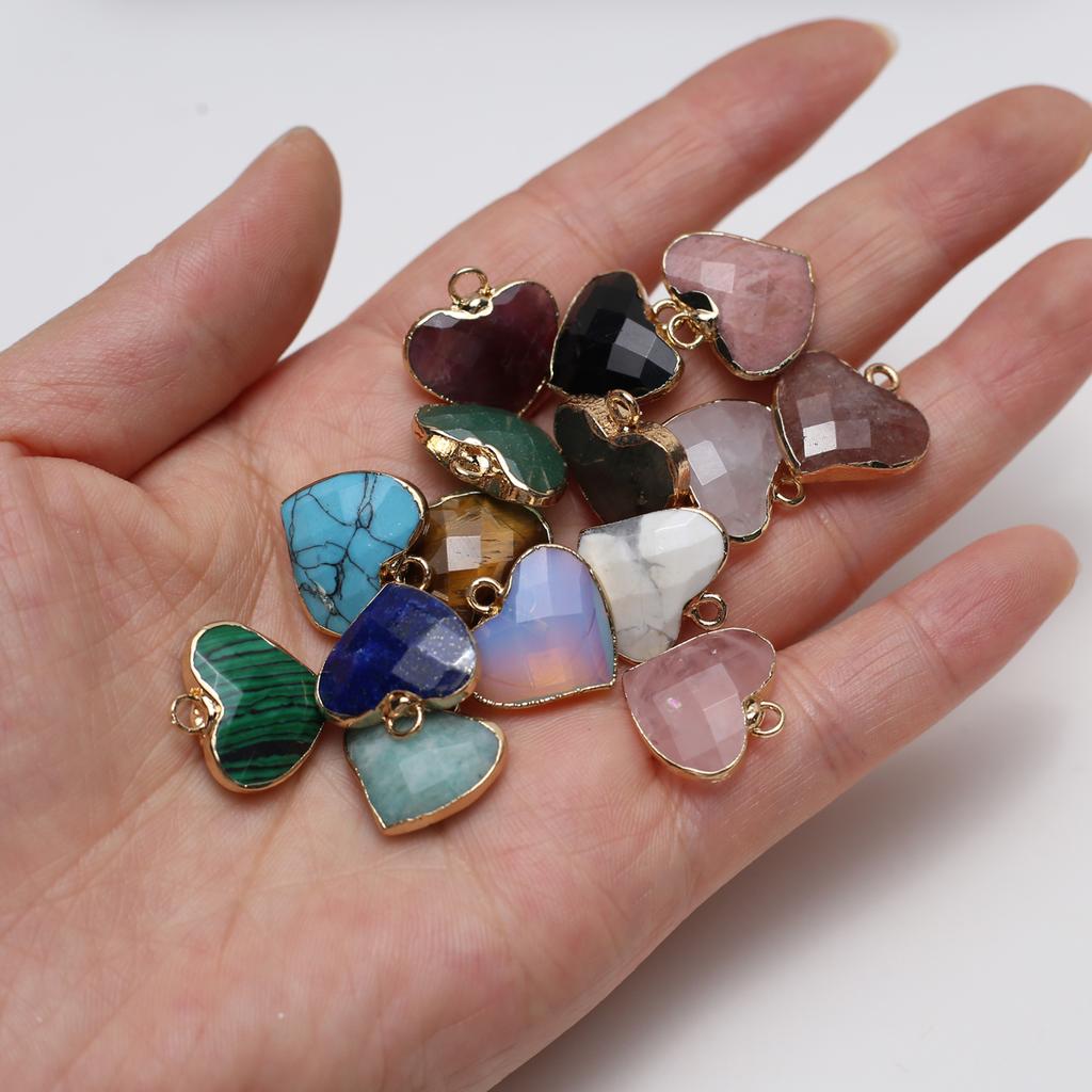 3Pcs, Heart Crystal Pendant with Golden Edging, Faceted Natural Stone Lapis Lazuli Malachite Turquoise Charms for Jewelry Making DIY Crafts 18×18mm