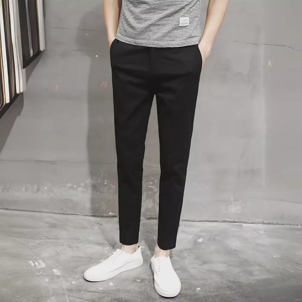 Men's Black Slim-Fit Nine-Point Casual Pants - Korean Style for Spring and Summer