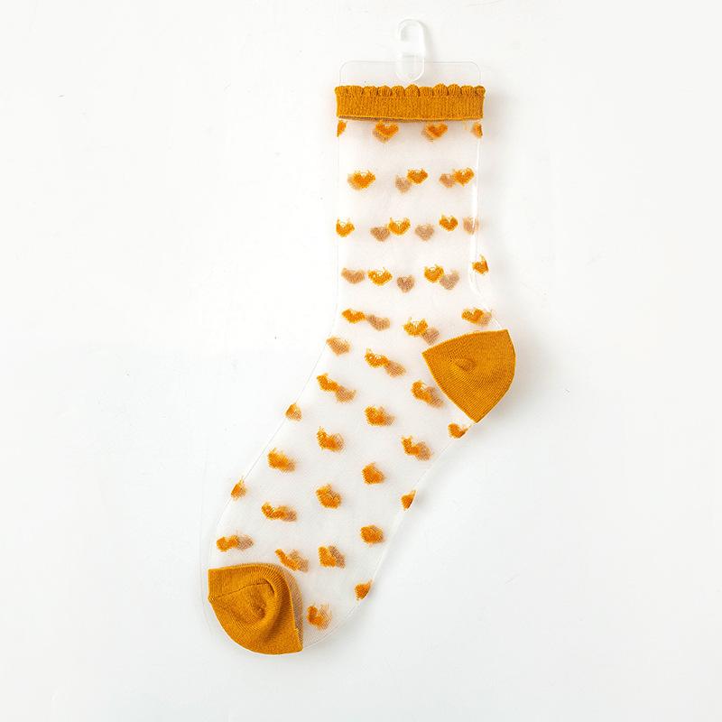 

Женские летние ультратонкие прозрачные кружевные носки в горошек из хрустального шелка с принтом сердечек, японские каваи, милые носки с оборками EUR 34-39