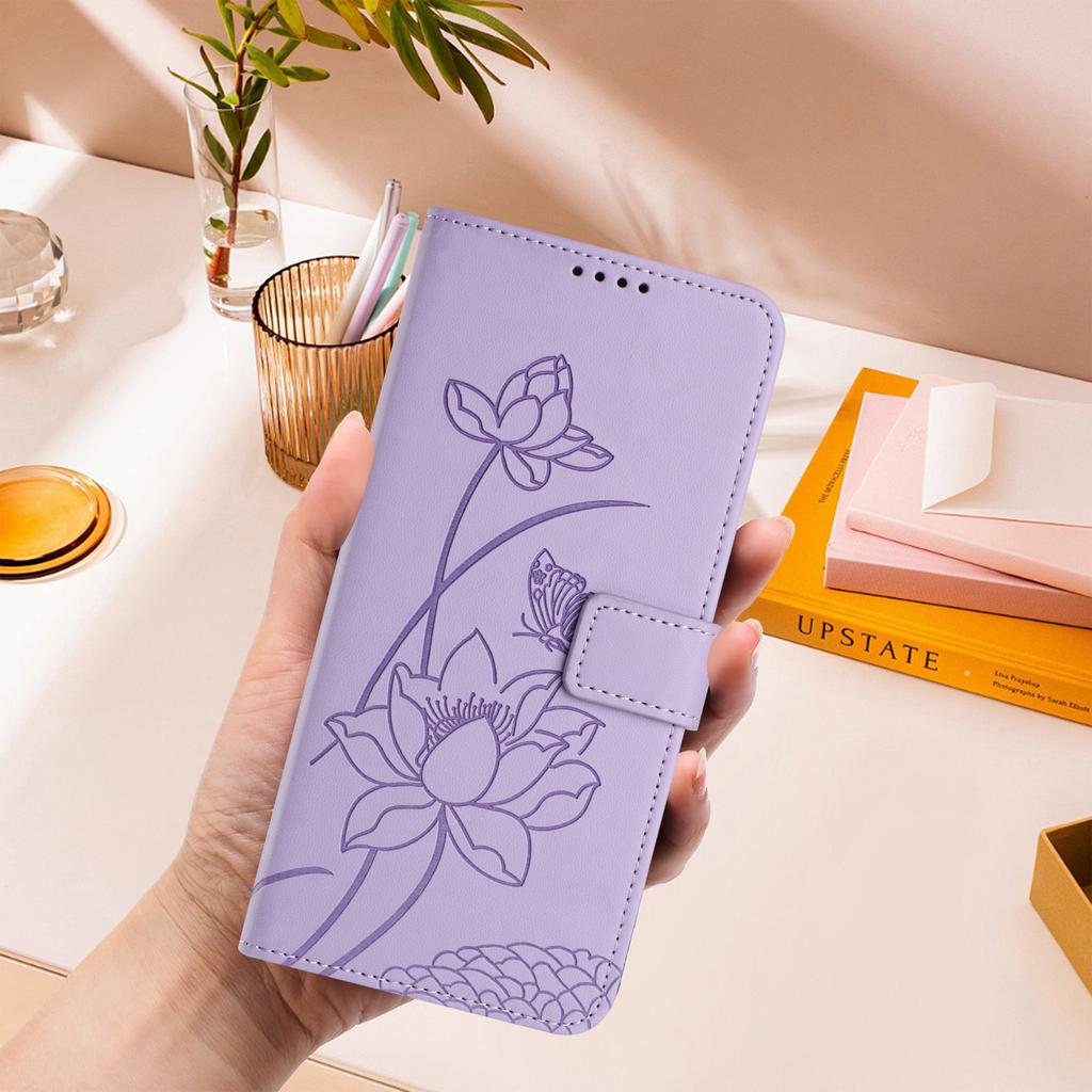 For iPhone 17 Case Wallet Stand Lotus Imprint Leather Phone Cover with Wrist Strap