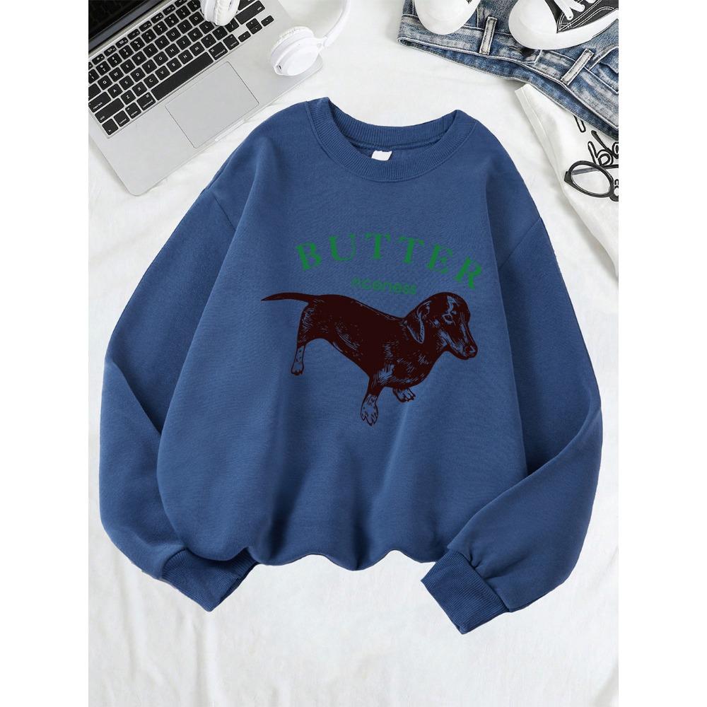 Roztomilé mikiny s potiskem jezevčíka Dámské Zimní Teplé Mikiny Pohodlný Volný Pulovr Ležérní Kulatý Výstřih Dámské Oblečení