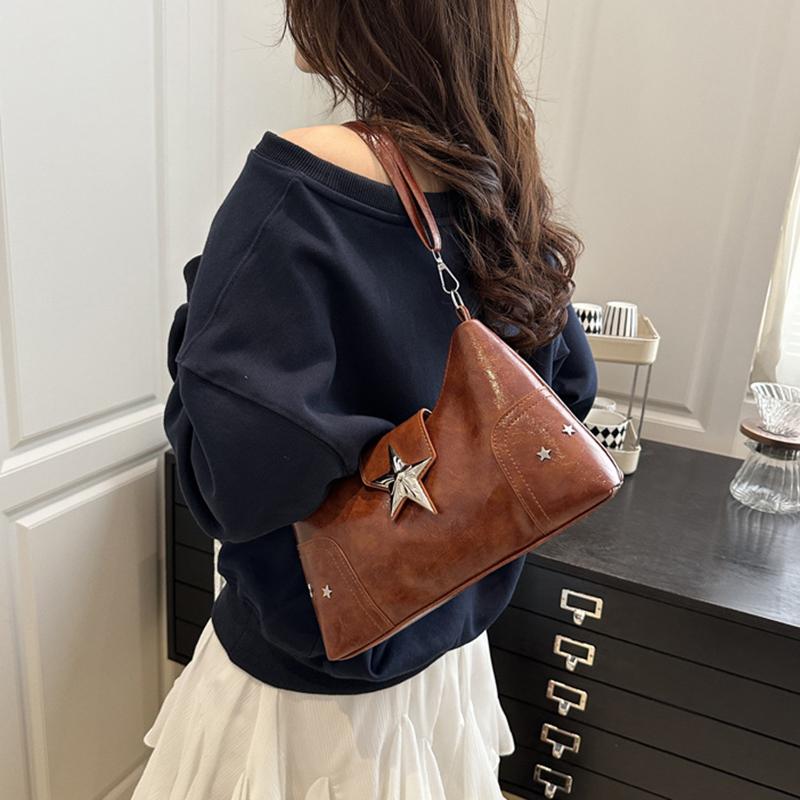 Women PU Star Decor Shoulder Bag Chic Hobo Bag Large Capacity Fashion Crossbody Bag Solid Color Sweet Underarm Bag AVE