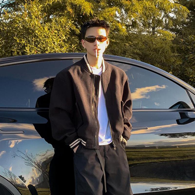 Men's Gray Woolen Bomber Jacket - Retro Baseball Style for Spring and Autumn