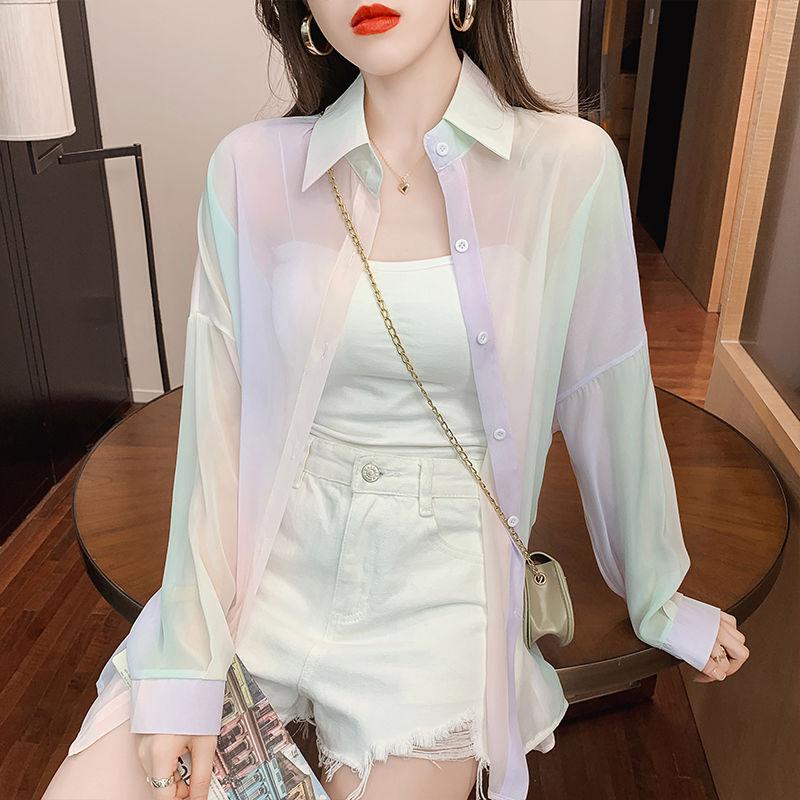Polo-Neck Rainbow Casual Thin Women's Clothing Chiffon Tie Dye Single Breasted Open Stitch Spring Summer Women's Clothing Youth