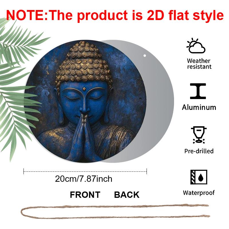 2D Flat Aluminum Vintage Blue Zen Buddha Putuo Round Metal Sign, Man Cave Wall Art Sign for Front Door, Zen Garden Accessories & Meditation Room