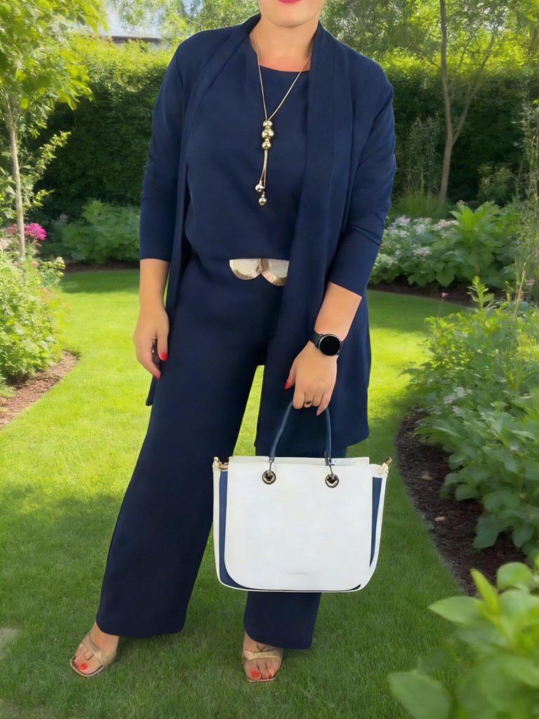 Ensemble trois pièces unicolore pour femme Printemps/Automne 2026: Haut à col rond, Manches courtes, Pantalon long, Manteau de longueur moyenne