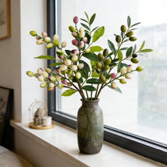 Artificial Berry Stems Faux Green Olive Branches with Leaves Fake Greenery Picks with Fruits for Home Vase Floral Arrangement