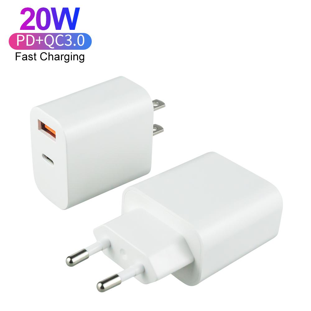 Certified Fast Charging PD 20W QC3.0 Charger USB-C Travel Power Adapter Dual Port Charger for IPhone Android