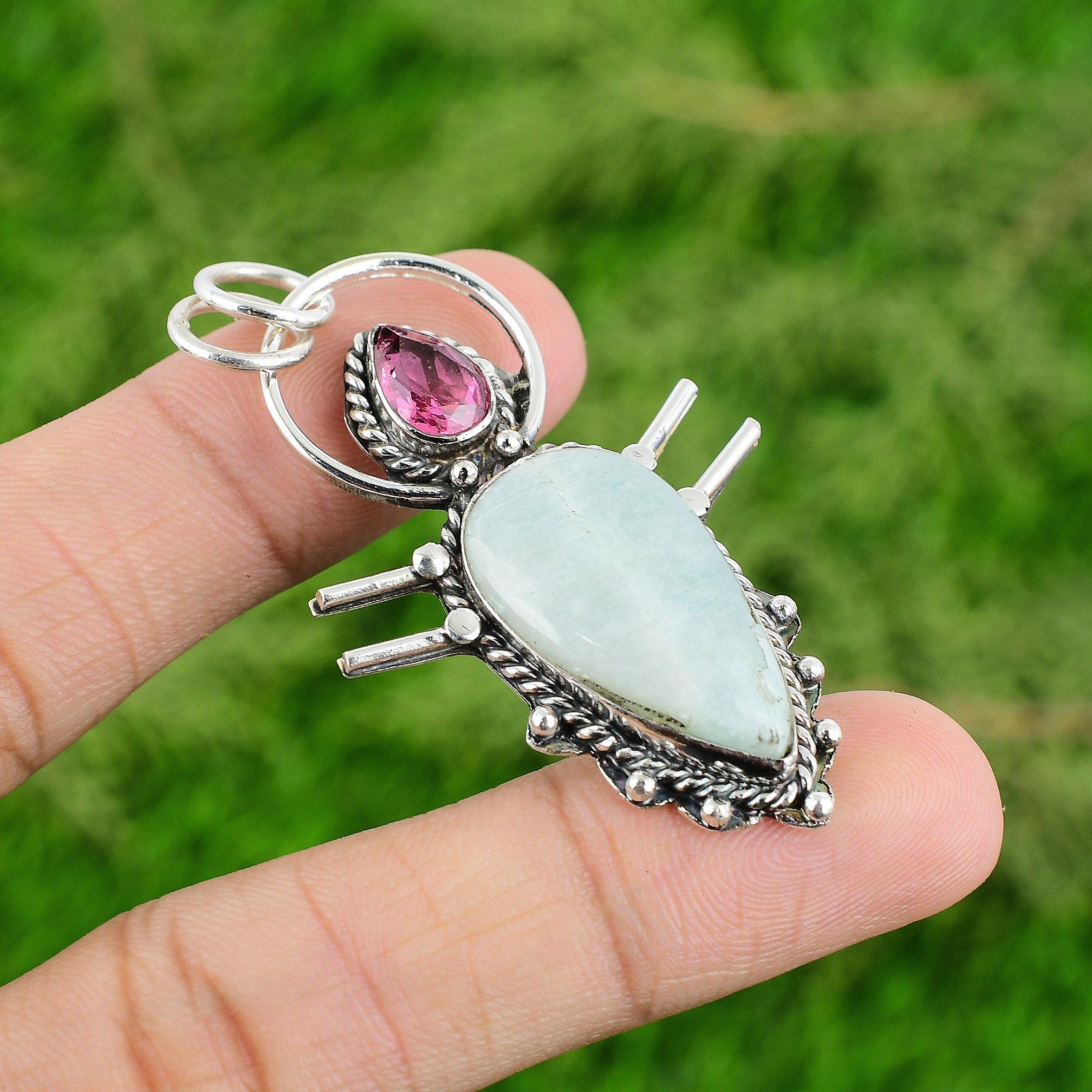 

Pear Heart Chakra Amazonite Stone Pink Tourmaline New Pendant Jewelry 925 Silver