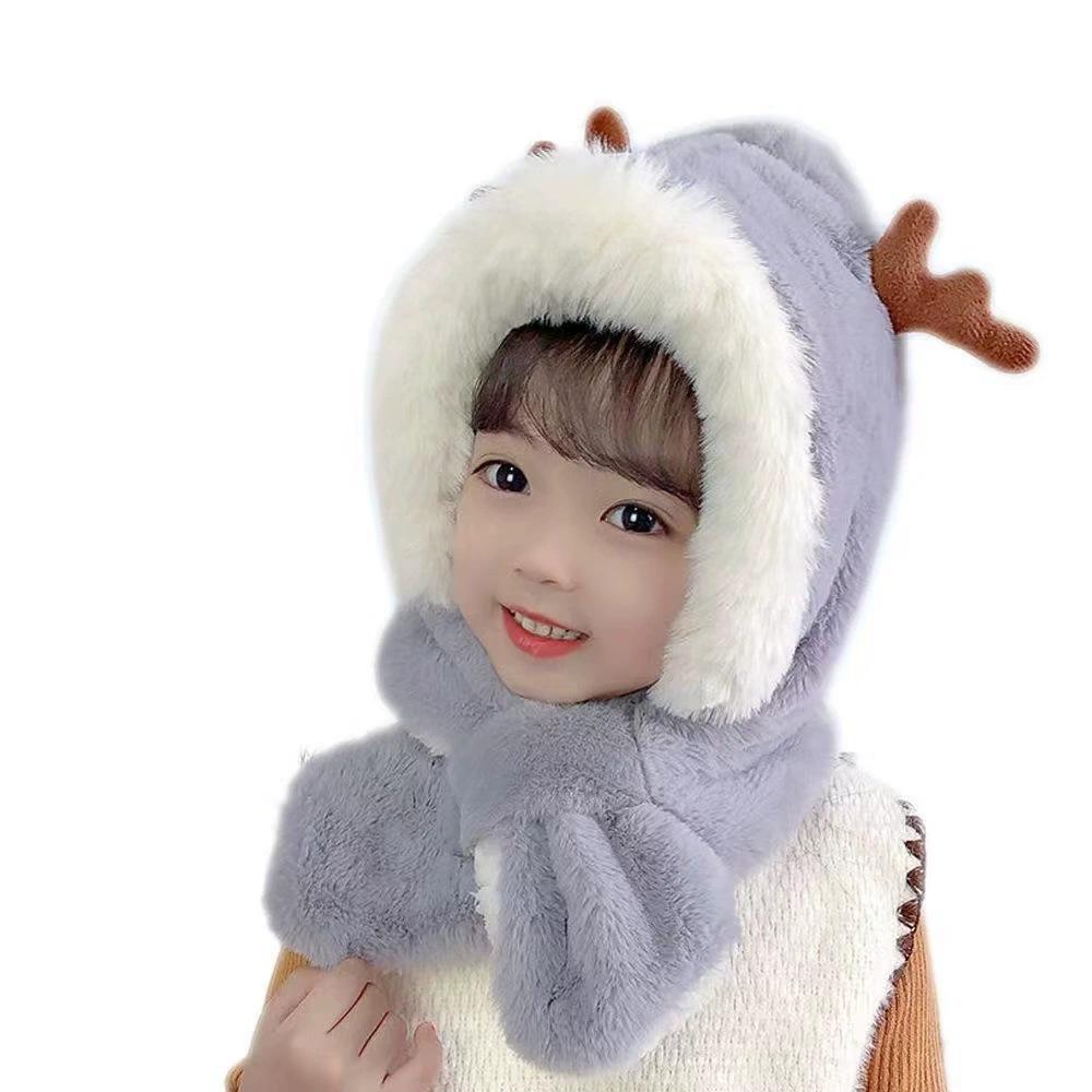 Winter new children's hats and scarves integrated boys and girls warm plush baby antlers ear hat cartoon