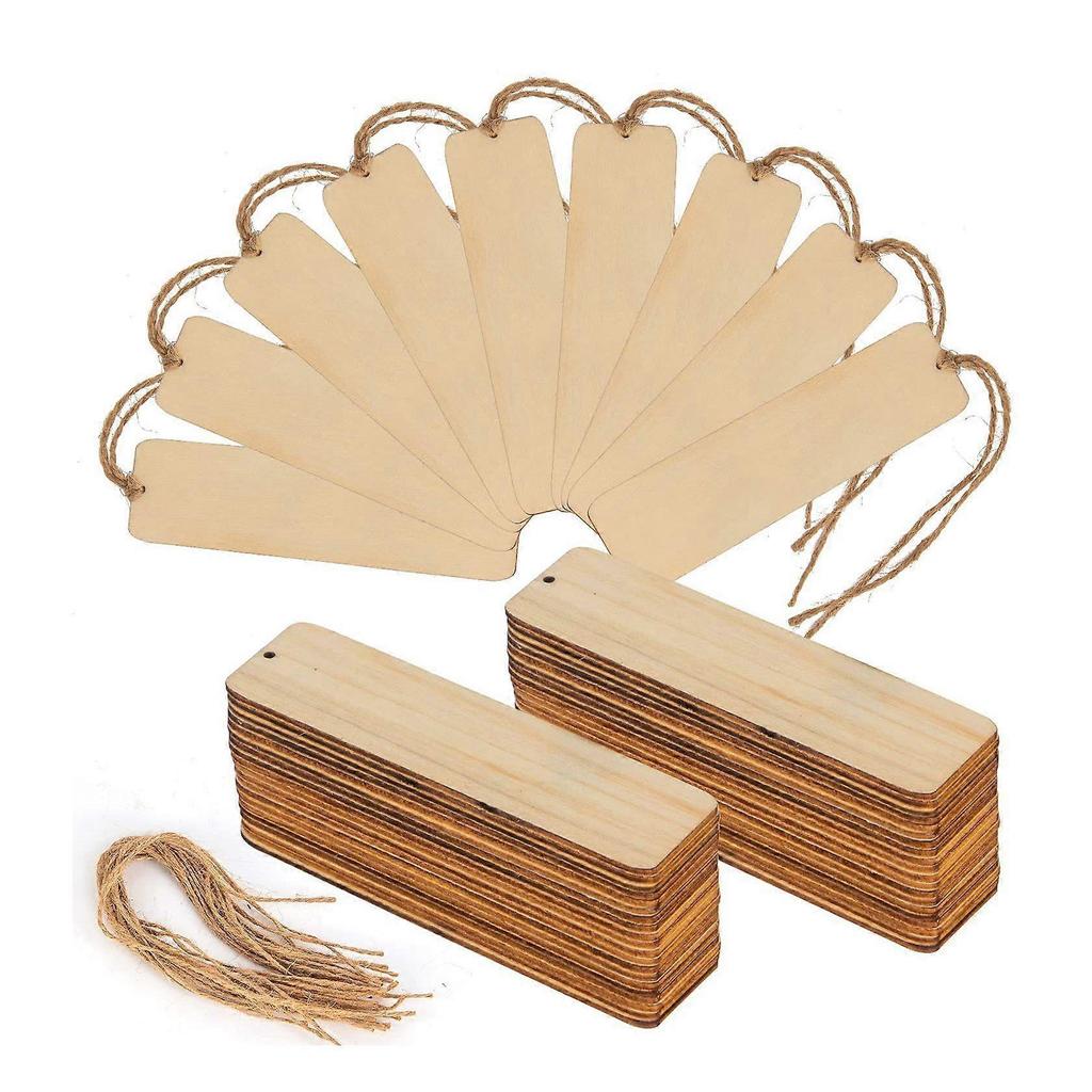50 PCS Wood Bookmarks Unfinished Wooden Book Marks Hanging Tag with Holes and Ropes DIY Craft Proje