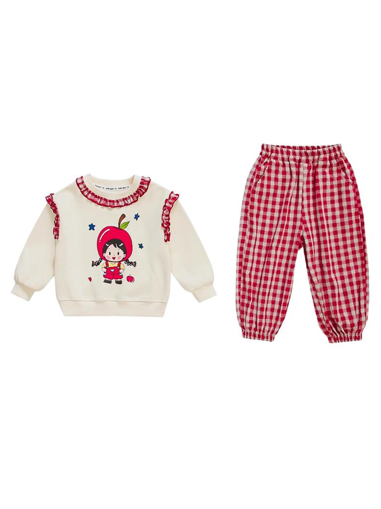 Girls' Plaid Pants Set - Spring/Autumn 2025 Collection - Trendy Apple Design Outfit