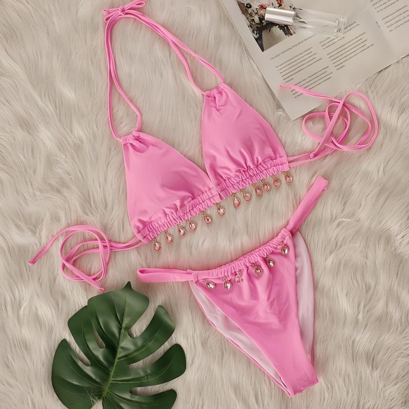 European & American Multi-color Halter Bikini with Rhinestone Pendant - Sleeveless, Bandage Style, and Split Design.