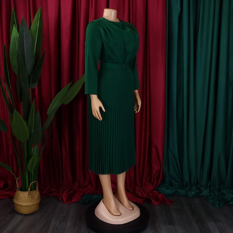 Women Elegant Solid Color High Waist Pleated Office Plus Size A Line Midi Dress