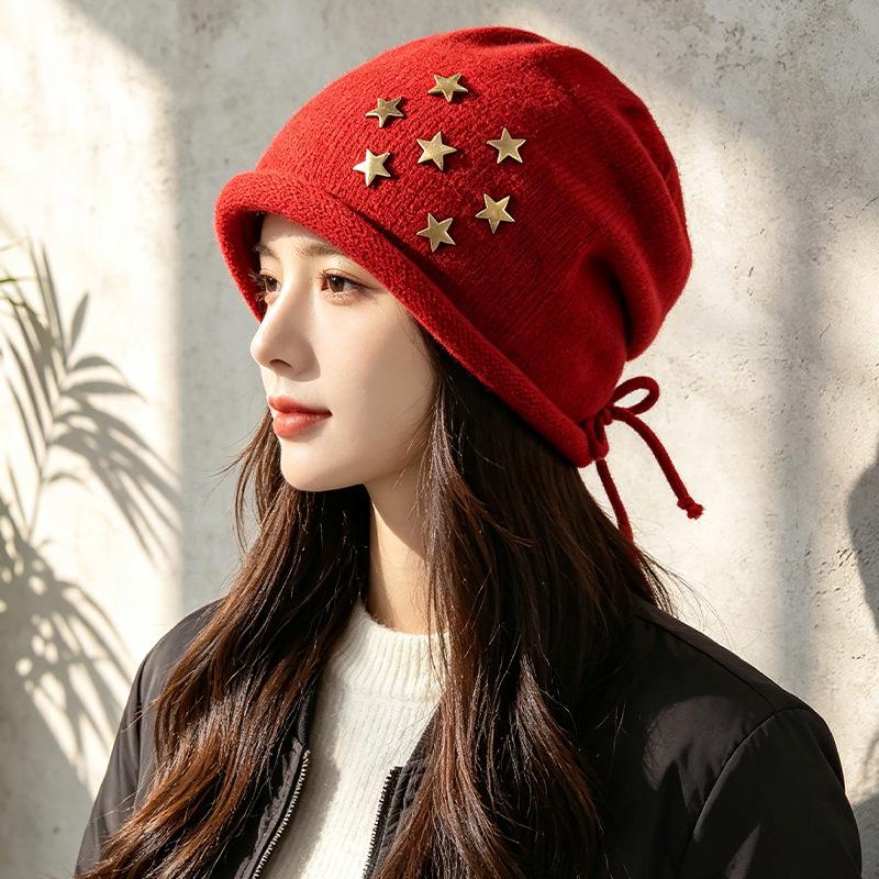 ins retro star knitted headgear women's thin lazy loose cold hat versatile casual pile hat