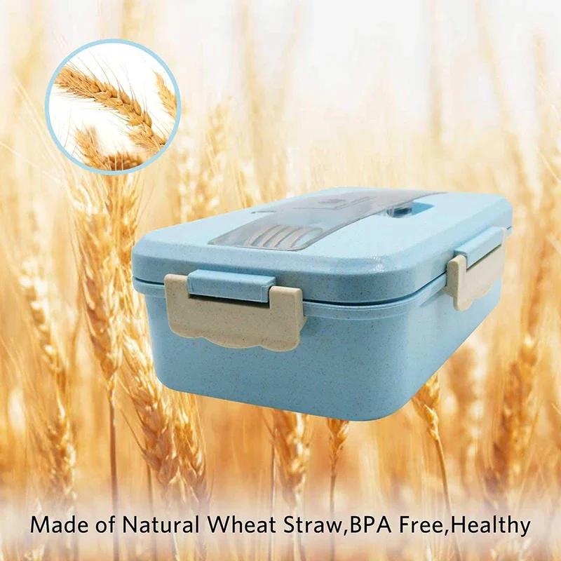 Square Lunch Box with Compartment, Wheat Straw Material, Leak - Proof, Japanese Style for Kids Student Food Container