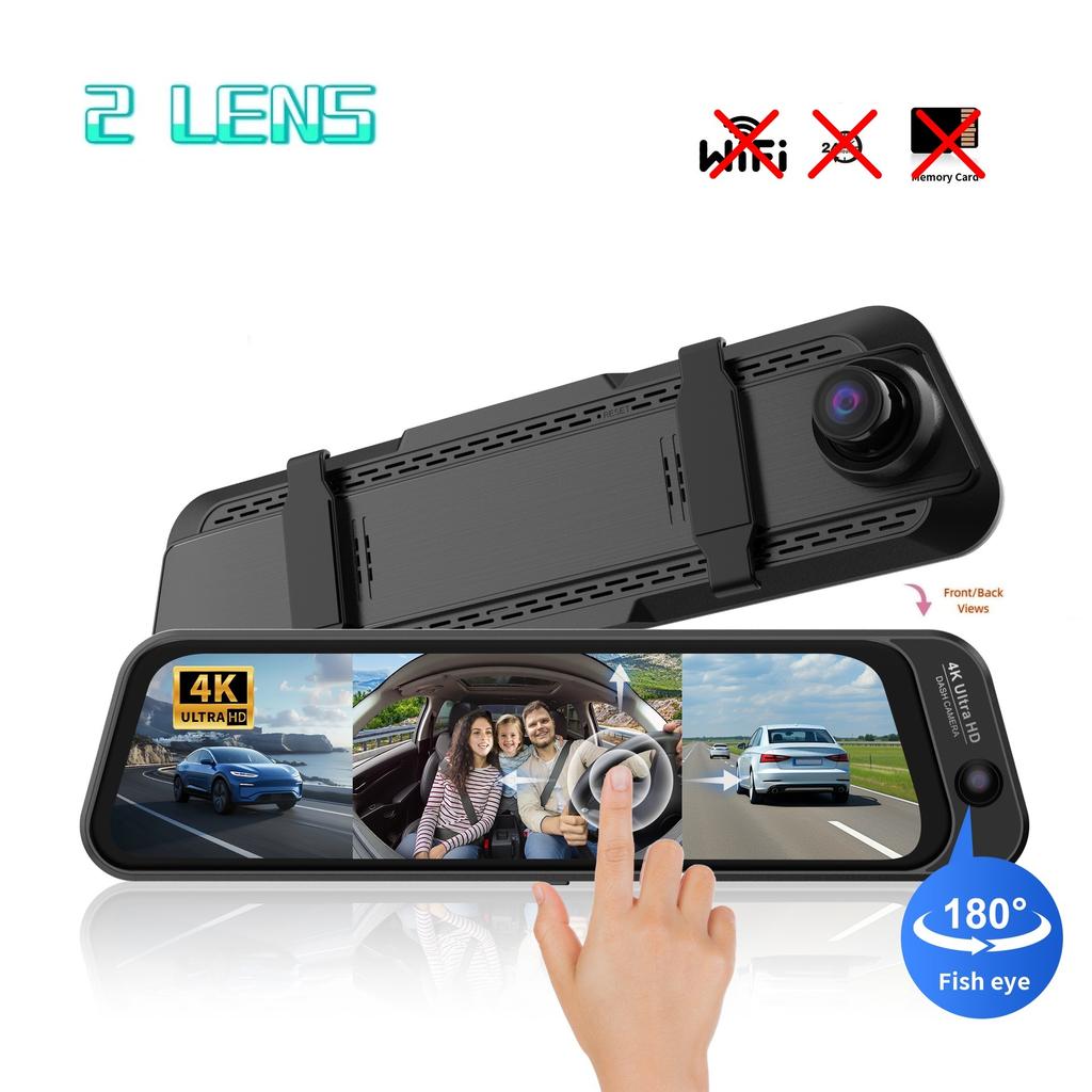 4K 10-Inch Streaming Media Dash Cam, 3 Lenses, WiFi, Night Vision, 170° Fisheye, Rearview Mirror