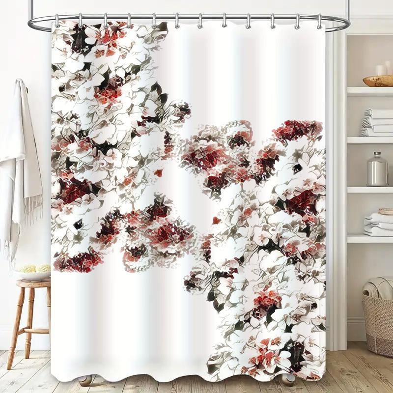 Artistic Floral Print Shower Curtain White Black Red Modern Home Decor Bathroom Accessories Waterproof Bath Mat Cover Size 69x70