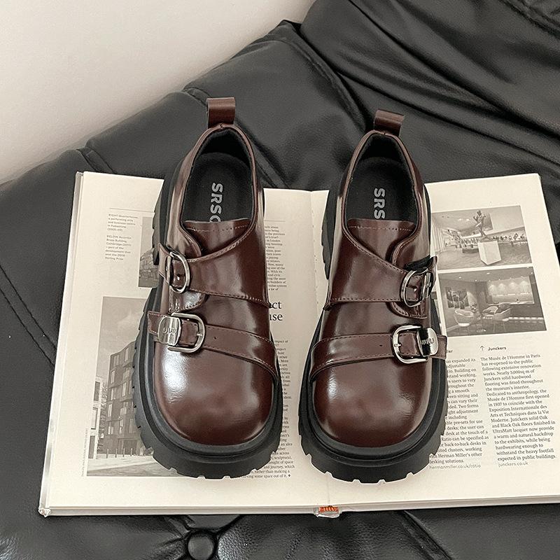 

Модные ретро лоферы на платформе в британском стиле, женские, лето 2025, новые, с пряжкой-ремнем, удобные туфли из маленькой кожи 40 коричневый