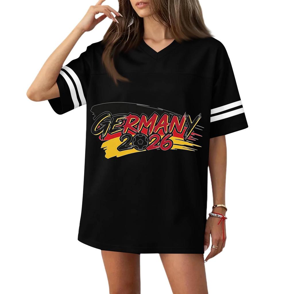 Women’s Casual V Neck Soccer Jersey Style Short Sleeve T Shirt with Germany Flag Print and 2026 Football Graphic Top
