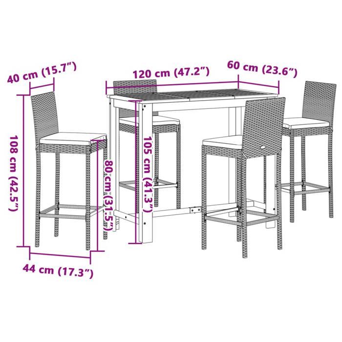 VidaXL Ensemble de bar de jardin 5 pcs gris bois massif acacia rotin, table et chaises de bar d'extérieur, ensemble de 3295279