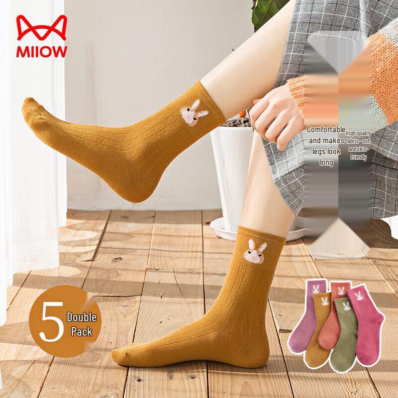 MaoRen Women s Cute Rabbit Mid-Calf Cotton Socks (5 Pairs) One Size
