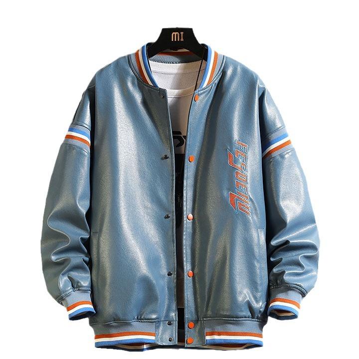 

Зимняя одинарная утолщенная куртка в гонконгском стиле, повседневная хлопковая кожаная куртка с бейсбольным воротником, молодежная утолщенная мужская куртка с вышивкой 4XL синий