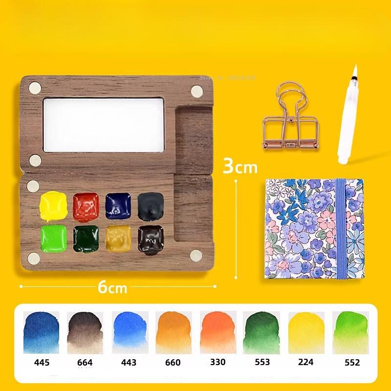 Mini Portable Watercolor Pigment 8 Colors 0.2ml Solid Packaging Wooden Box Set Diary Travel Painting Portable Art Watercolor