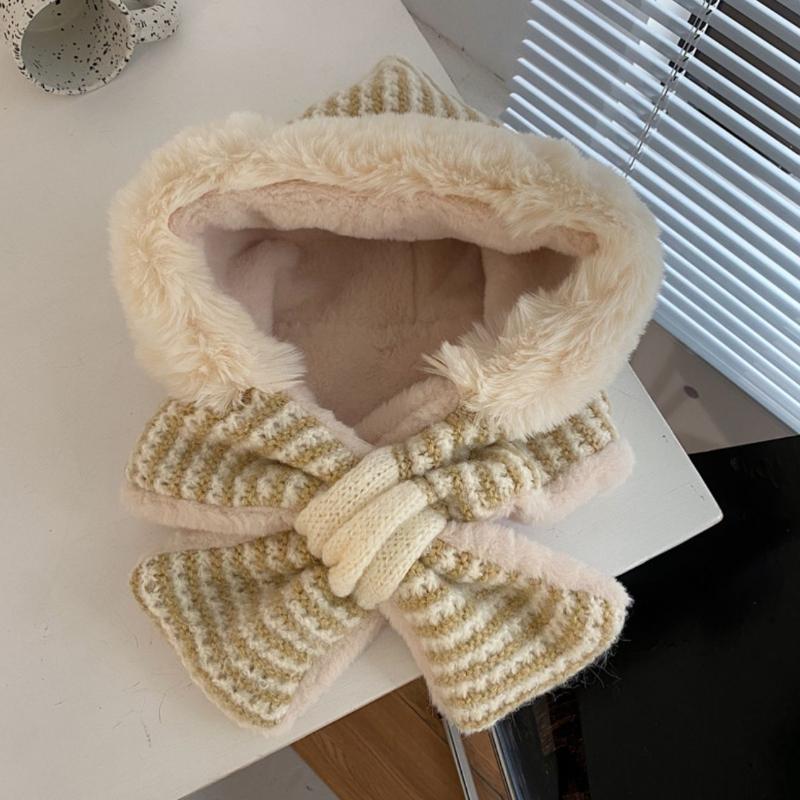 Autumn Winter Japanese Style Cute Plush Ear Protection Scarf Hat Integrated Knitted Fleece Lined Thickened Warm Wool Lei Feng Hat