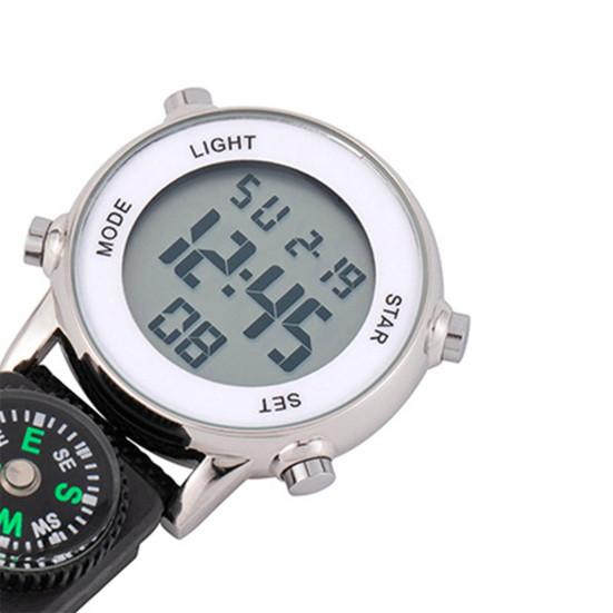 Orologio da tasca Multifunzione Movimento al quarzo Resistente all'acqua Display digitale Bussola accurata Quadrante rotondo Sport Escursionismo Moschettone Orologio da tasca