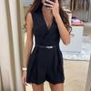 Lady Summer Romper Turn-down Collar V Neck Solid Color Pleated Sleeveless Slim Fit OL Commute Formal Style Soft Above Knee