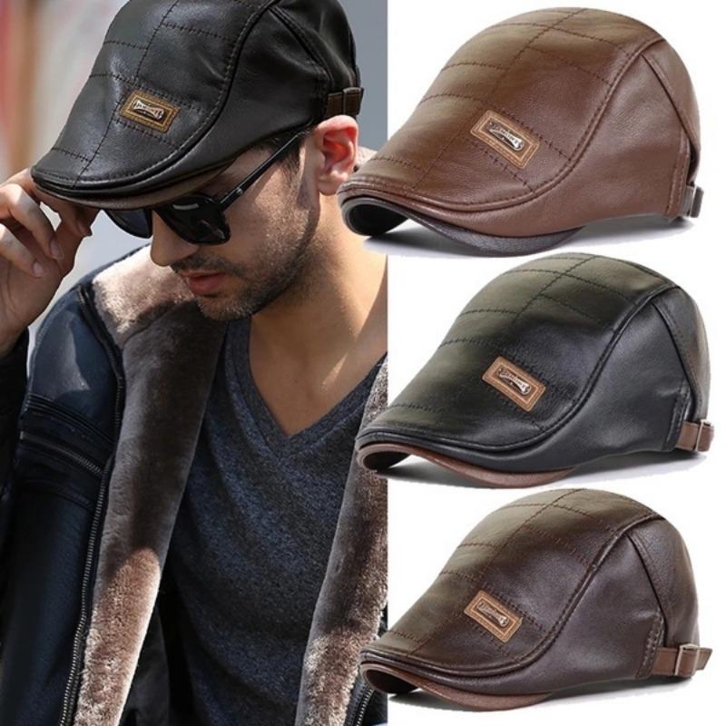 Leather Beret Hat Retro Newsboy Hats Warm Cap Duckbill Visor Boinas Flat Caps For Men
